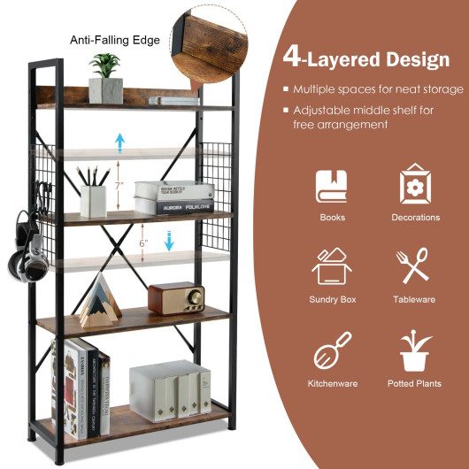 Industrial 4-Tier Bookshelf with Adjustable Shelf and Hooks