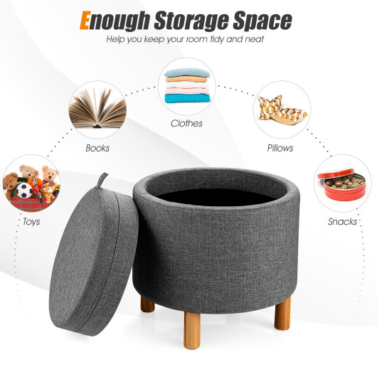 Round Fabric Storage Ottoman with Tray and Non-Slip Pads