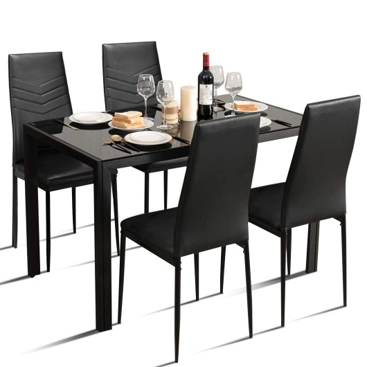 Modern Black Glass Dining Table and PVC Leather Chairs (Set of 5) - Image 4
