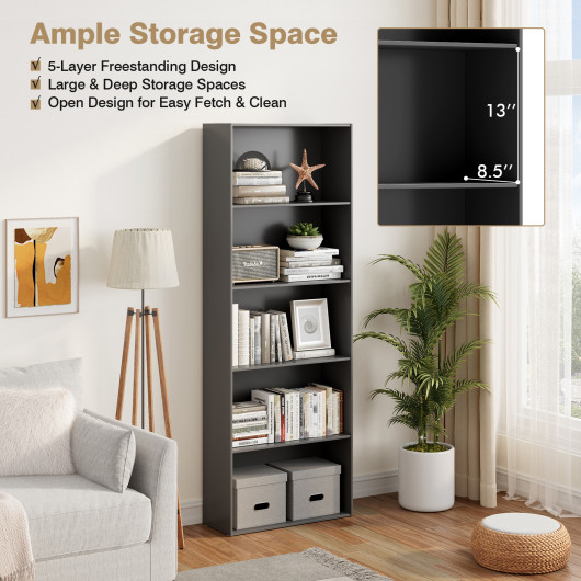 Modern 5-Shelf Storage Bookcase with Open Display Shelving - Image 6