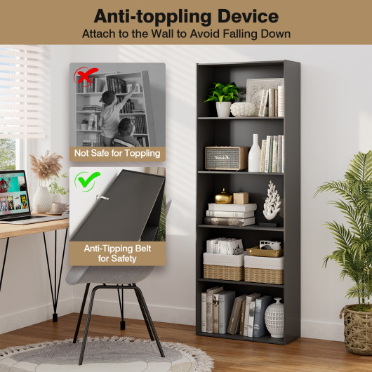 Modern 5-Shelf Storage Bookcase with Open Display Shelving - Image 7