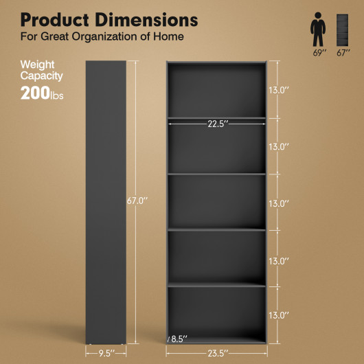 Modern 5-Shelf Storage Bookcase with Open Display Shelving - Image 5
