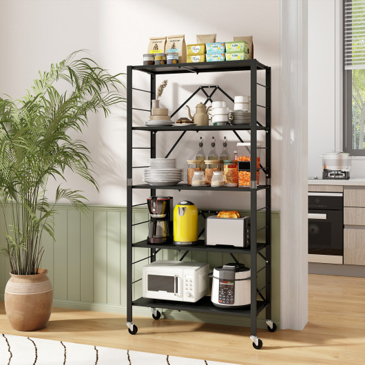 Adjustable Foldable 5-Tier Metal Storage Shelf with Wheels