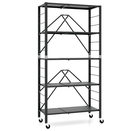 Adjustable Foldable 5-Tier Metal Storage Shelf with Wheels