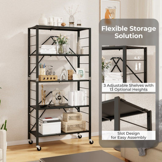Adjustable Foldable 5-Tier Metal Storage Shelf with Wheels