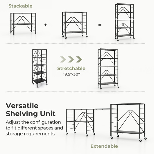 Adjustable Foldable 5-Tier Metal Storage Shelf with Wheels