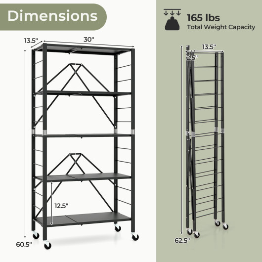 Adjustable Foldable 5-Tier Metal Storage Shelf with Wheels