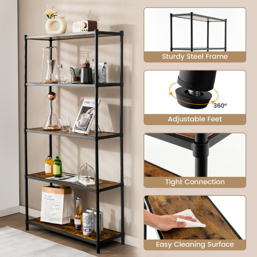 5-Tier Industrial Bookshelf with Metal Frame and Adjustable Shelves
