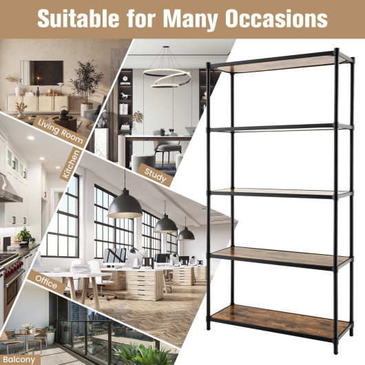 5-Tier Industrial Bookshelf with Metal Frame and Adjustable Shelves