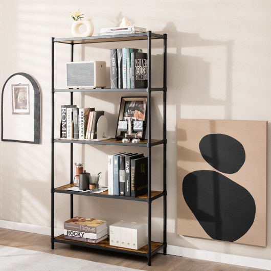 5-Tier Industrial Bookshelf with Metal Frame and Adjustable Shelves