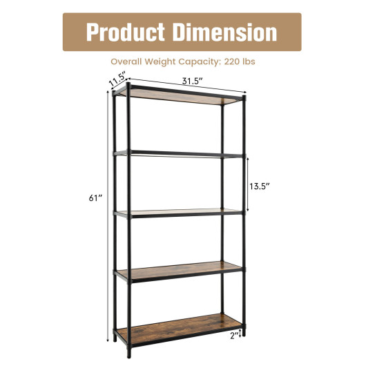 5-Tier Industrial Bookshelf with Metal Frame and Adjustable Shelves