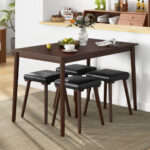 Space-Saving Dining Table and Upholstered Stools with Wood Legs (5-Piece)