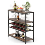 Industrial 5-Tier Wine Rack Table with Glass Holder and Storage