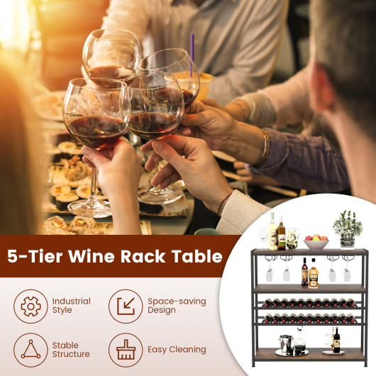 Industrial 5-Tier Wine Rack Table with Glass Holder and Storage - Image 7