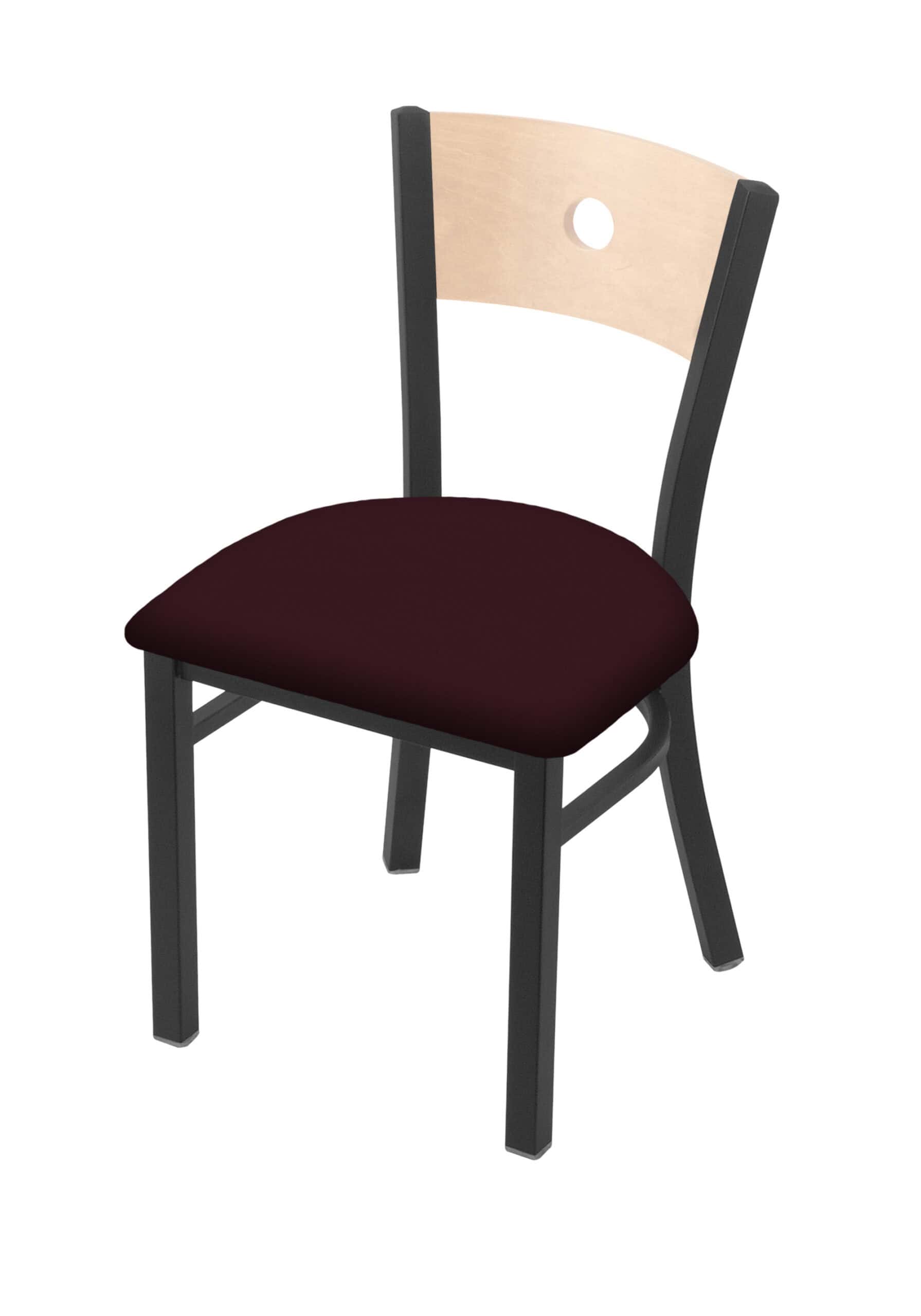 18-inch natural finish wood keyhole back chair with steel frame, pewter finish, and canter bordeaux seat