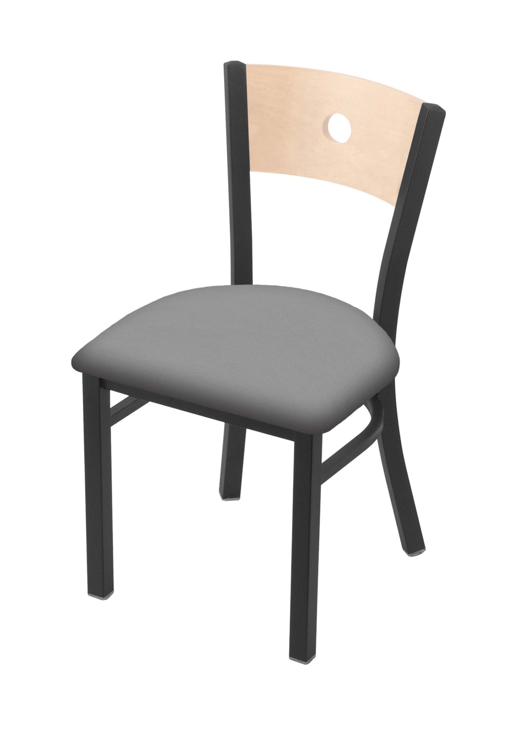 18-inch natural finish wood keyhole back chair with steel frame, pewter finish, and canter folkstone grey seat