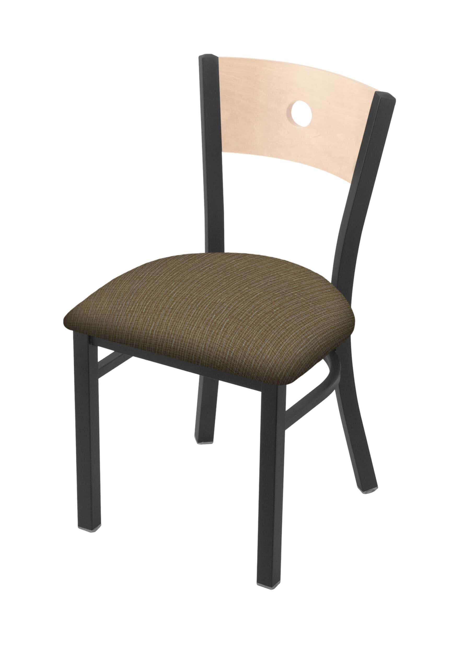 18-inch natural finish wood keyhole back chair with steel frame, pewter finish, and graph cork seat