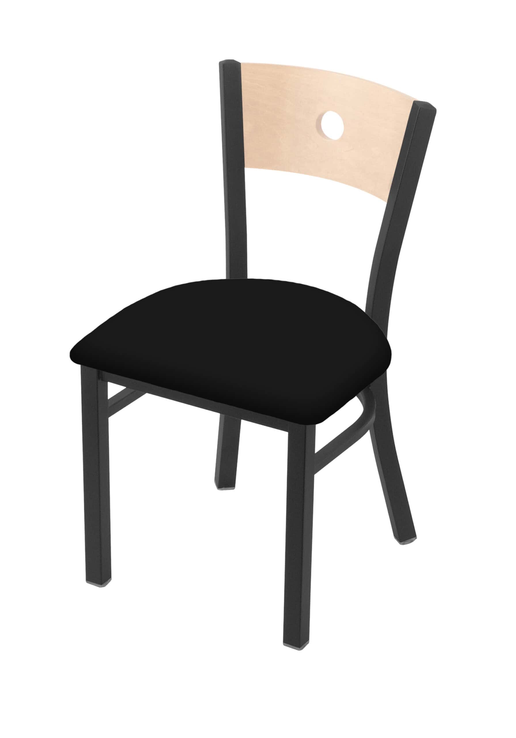 18-inch natural finish wood keyhole back chair with steel frame, pewter finish, and black vinyl seat