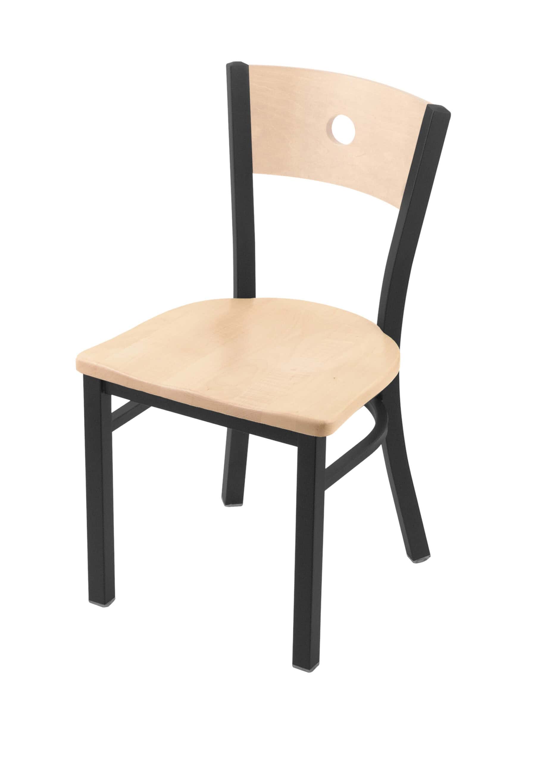 18-inch natural finish wood keyhole back chair with steel frame, pewter finish, and natural maple seat