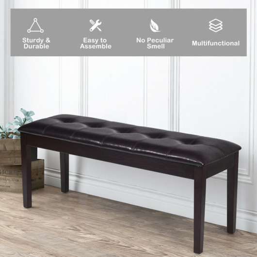 Rustic Button Tufted Upholstered PU Bench with Solid Wood Legs