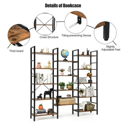 Industrial Triple Wide 5 Tier Bookshelf with Open Shelves
