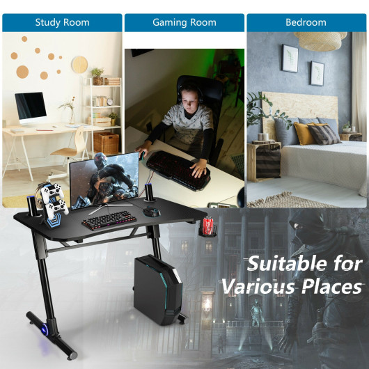 Height Adjustable Gaming Desk with LED Lights and Cup Holder