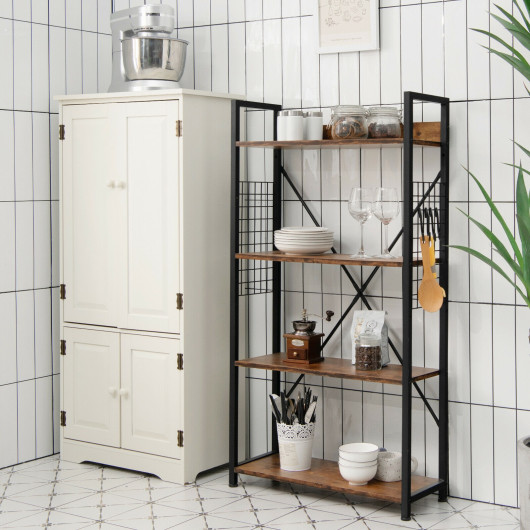 Industrial 4-Tier Bookshelf with Adjustable Shelf and Hooks
