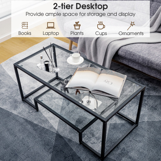 Modern 2-Tier Glass Coffee Table with Steel Frame