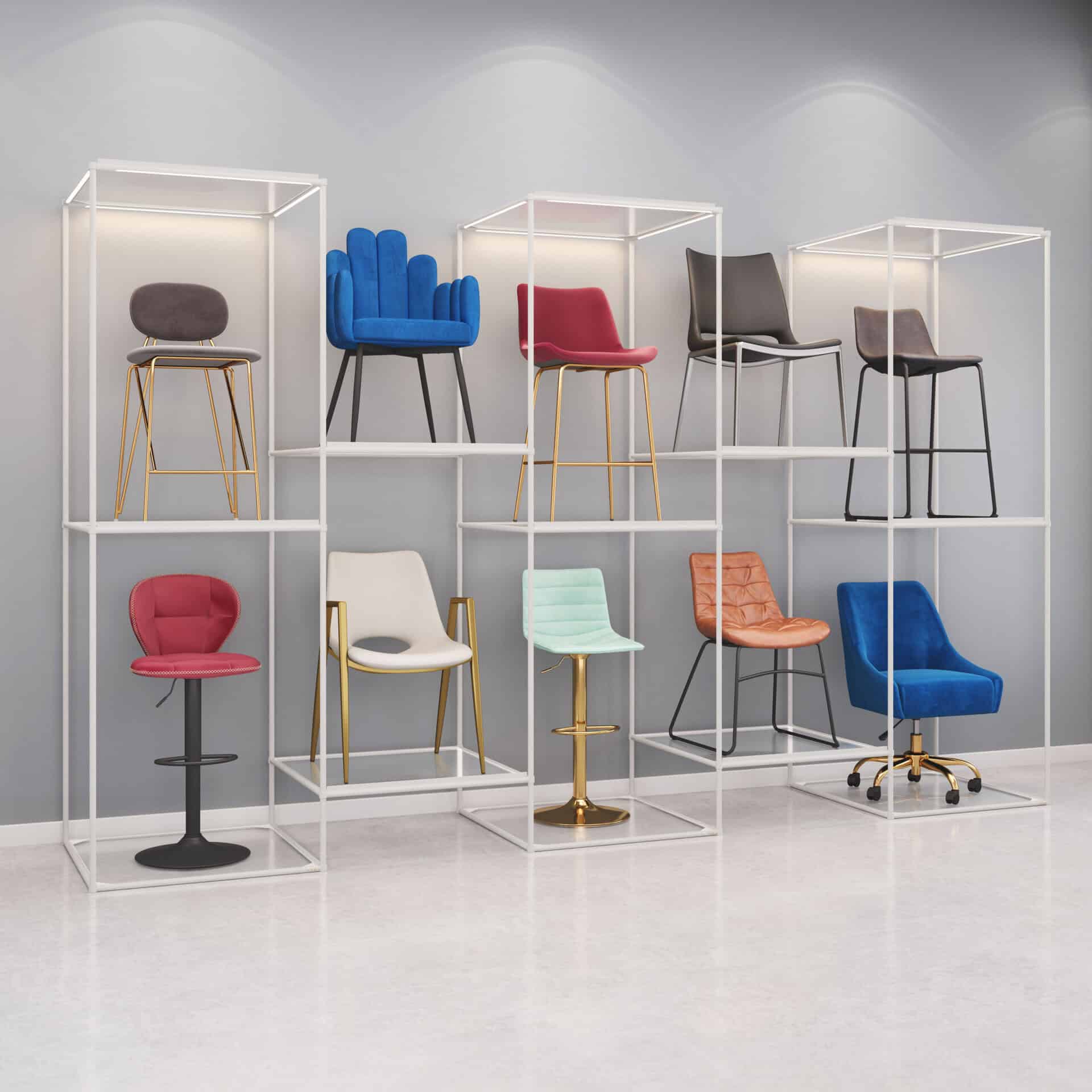 Modular Display Shelving System with Adjustable Glass Shelves and LED Light