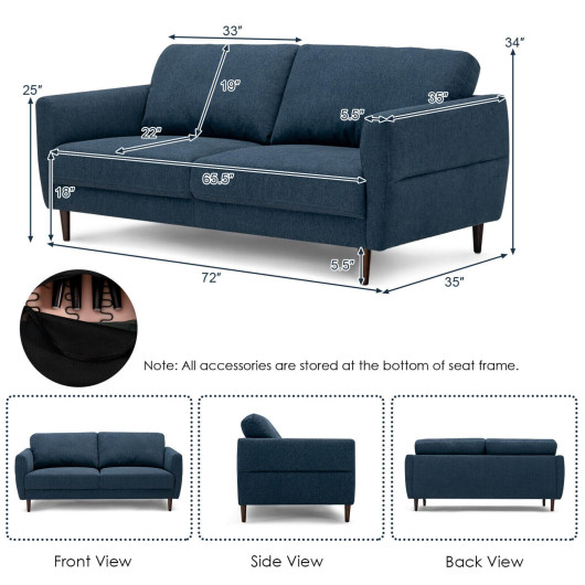 Mid Century Modern 72 Inch Fabric Loveseat Sofa with Wood Legs