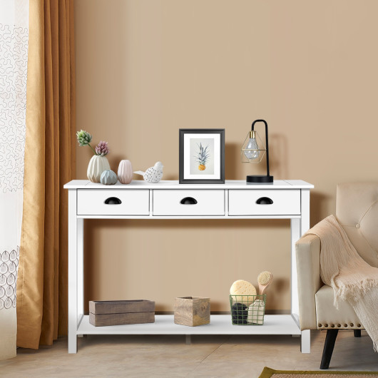 White Wooden Console Table with Drawers and Shelves for Storage
