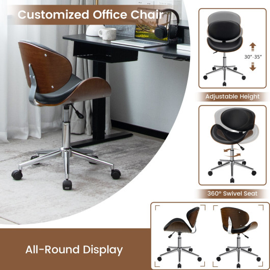 Mid-Century Adjustable Black Leather Office Chair with Swivel Base