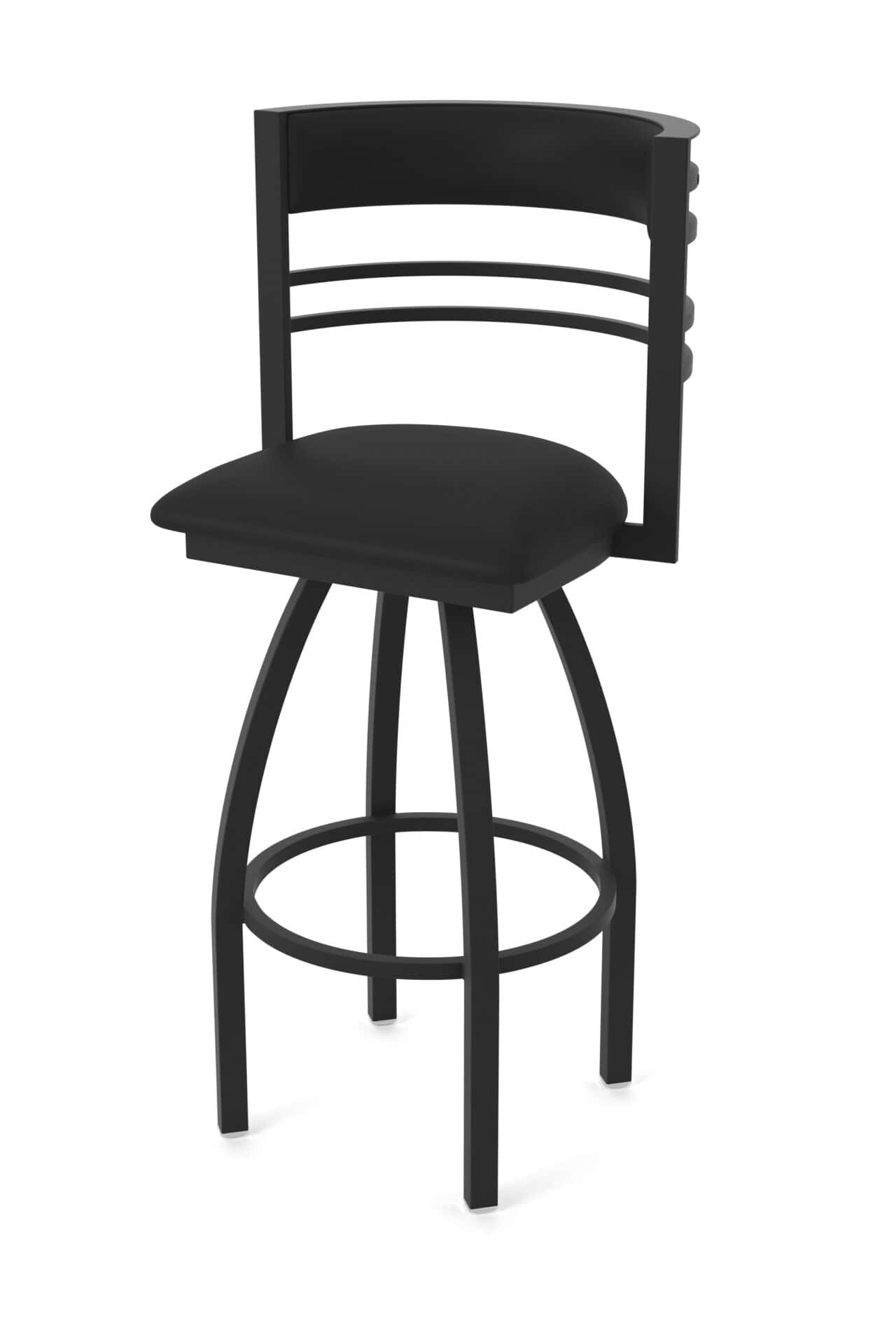 30-Inch Steel Swivel Bar Stool with Black Wrinkle Finish, Black Vinyl 2.5-Inch Cushion Seat, Tall Curved Slat Back, and Single-Ring Base