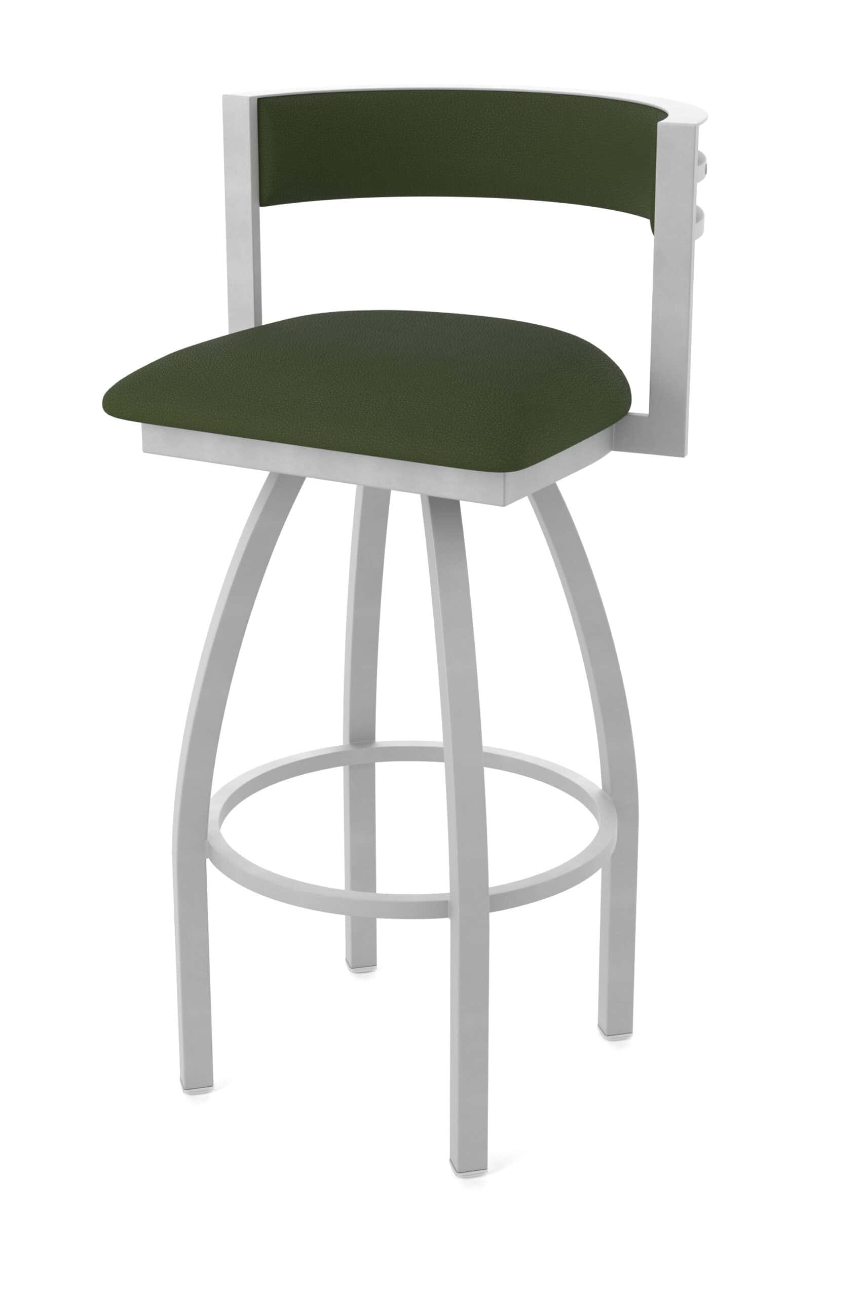 36-inch steel swivel bar stool with anodized nickel finish, canter pine 2.5-inch cushion seat, low curved padded back, and single-ring base