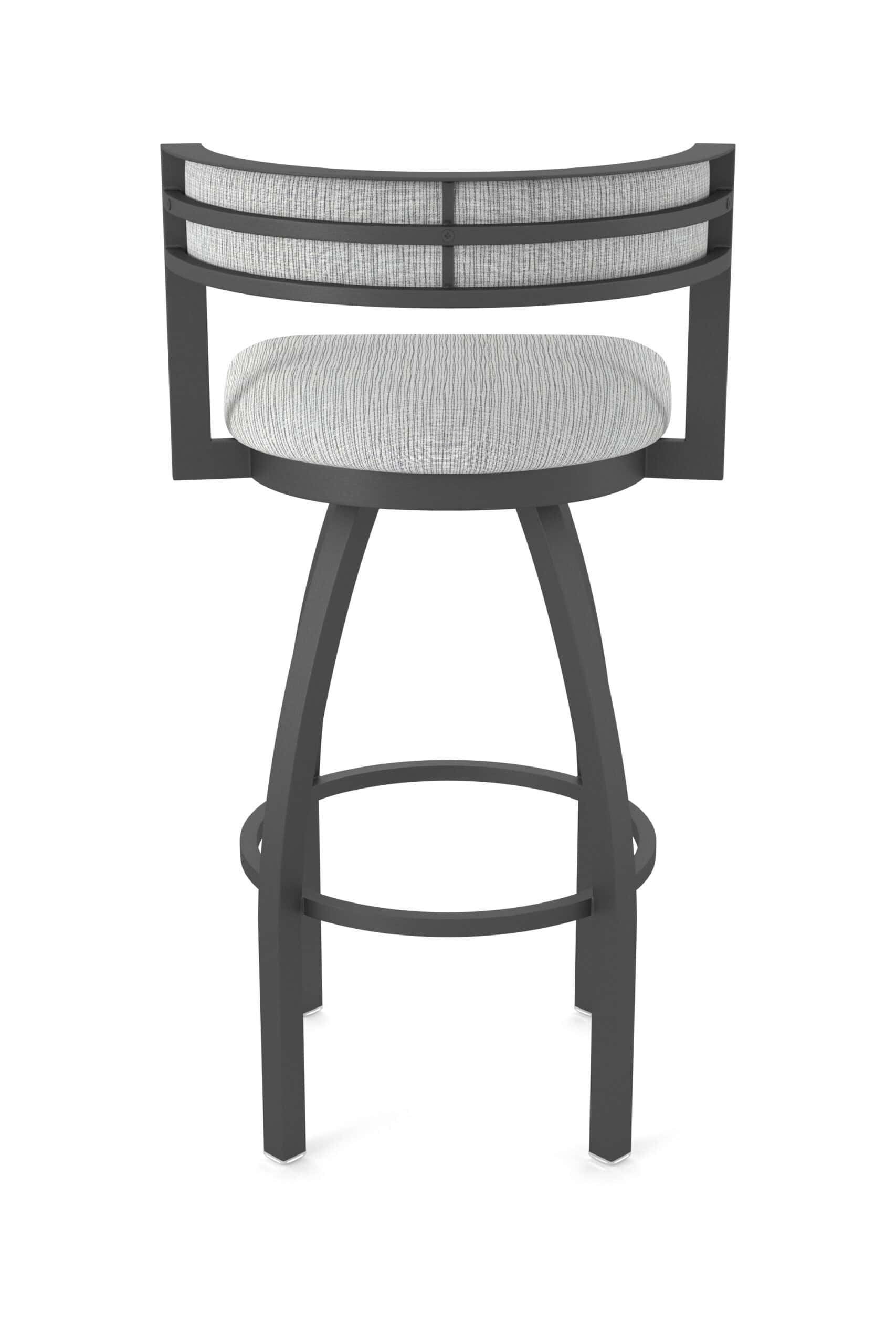 36-inch steel swivel bar stool with pewter finish, graph alpine 2.5-inch cushion seat, low curved padded back, and single-ring base