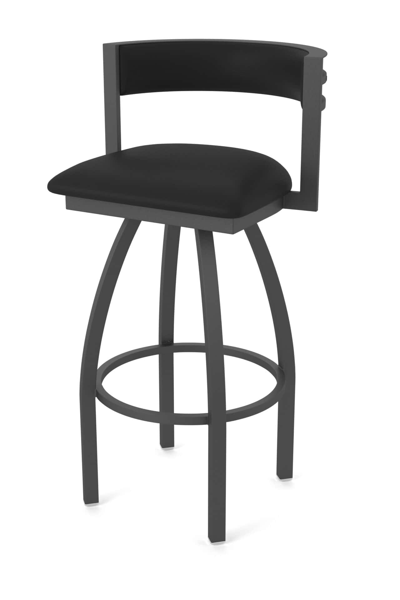 36-Inch Steel Swivel Bar Stool with Pewter Finish, Black Vinyl 2.5-Inch Cushion Seat, Low Curved Padded Back, and Single-Ring Base