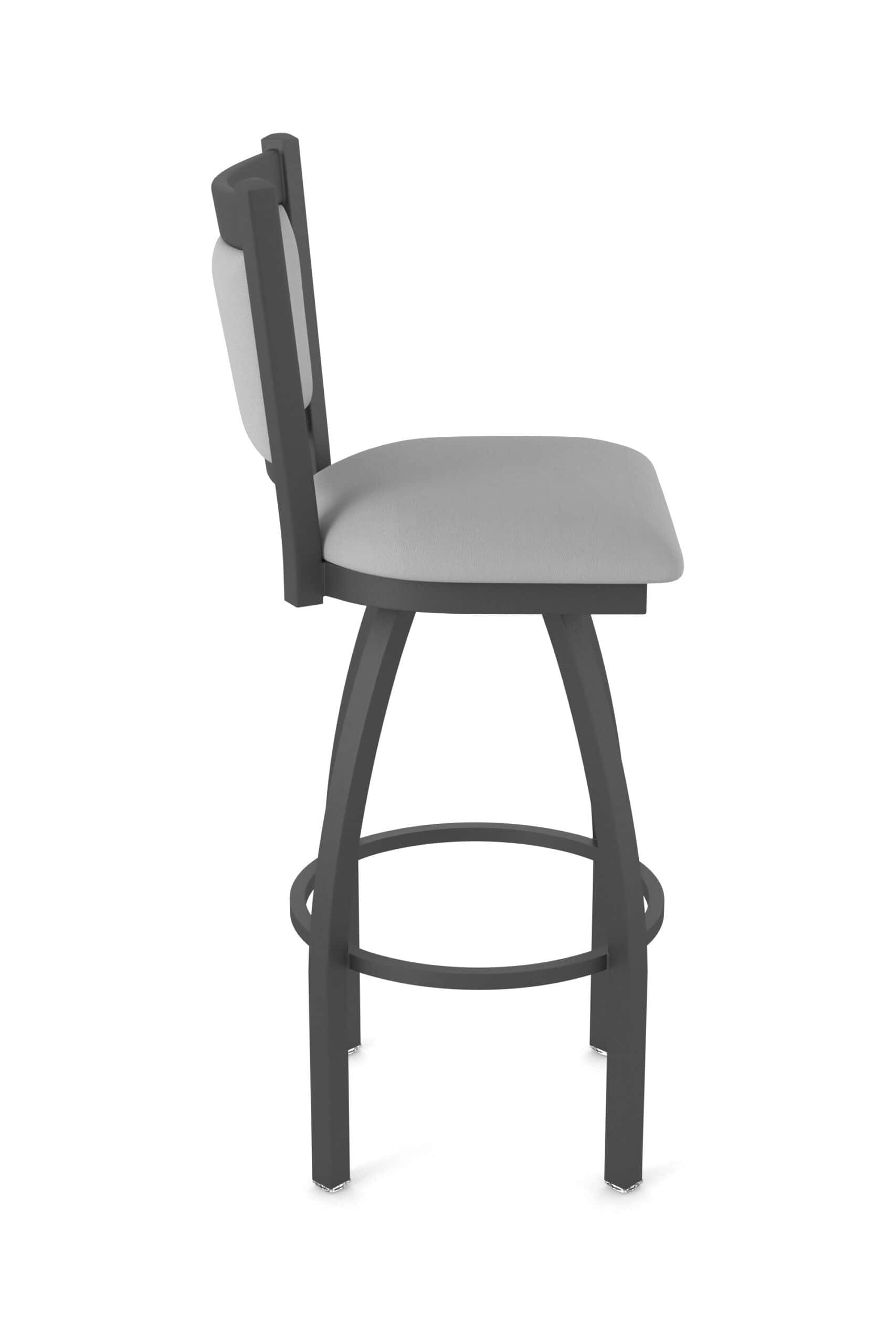 36-inch upholstered back bar stool with steel frame, pewter finish, canter folkstone grey seat, and single-ring base