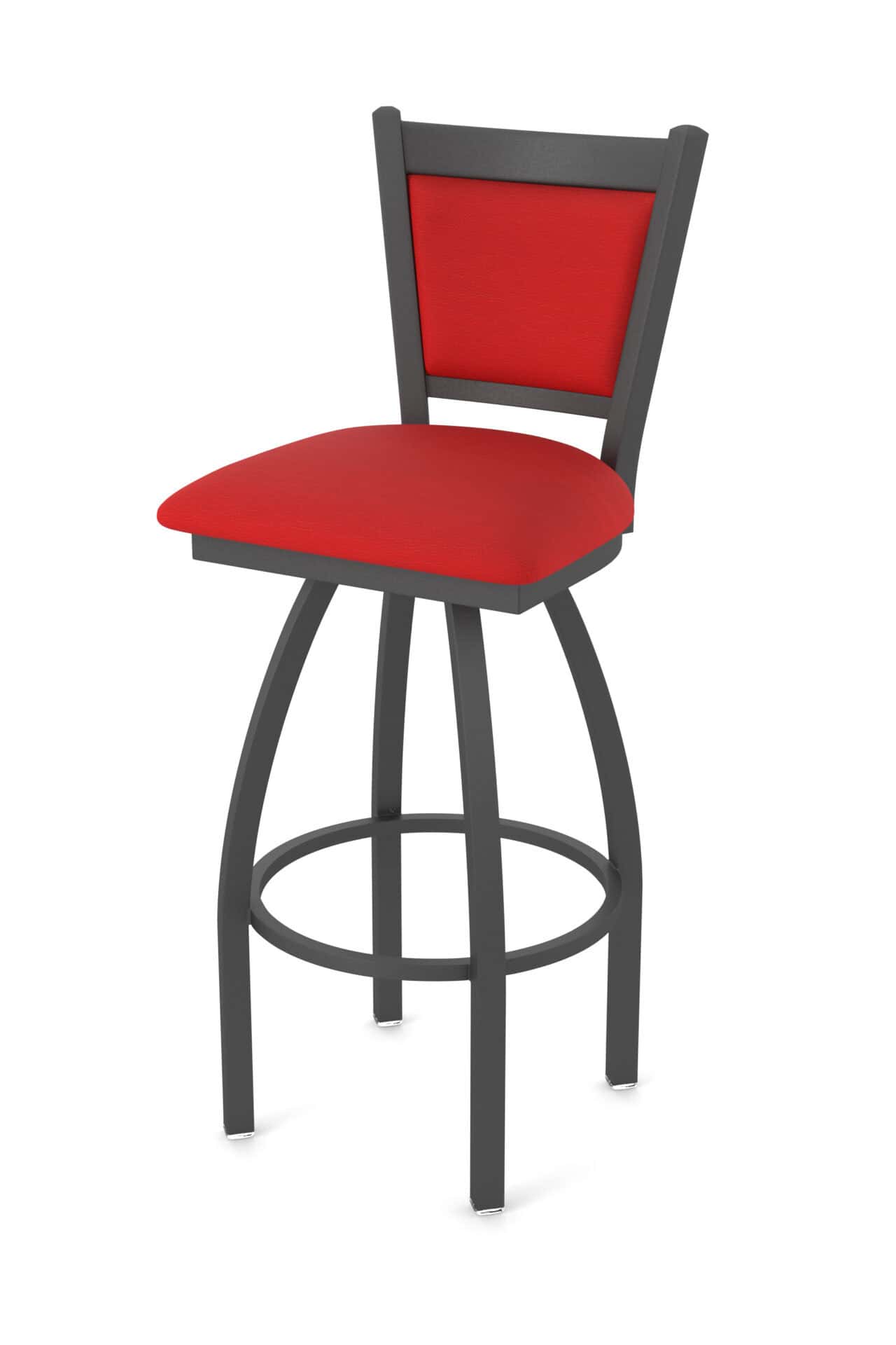 36-Inch Upholstered Back Bar Stool with Steel Frame, Pewter Finish, Canter Red Seat, and Single-Ring Base