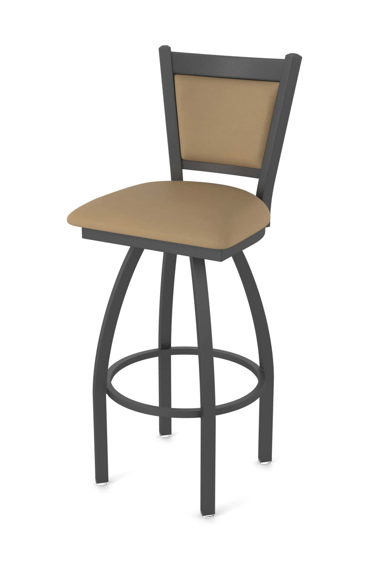 36-Inch Upholstered Back Bar Stool with Steel Frame, Pewter Finish, Canter Sand Seat, and Single-Ring Base