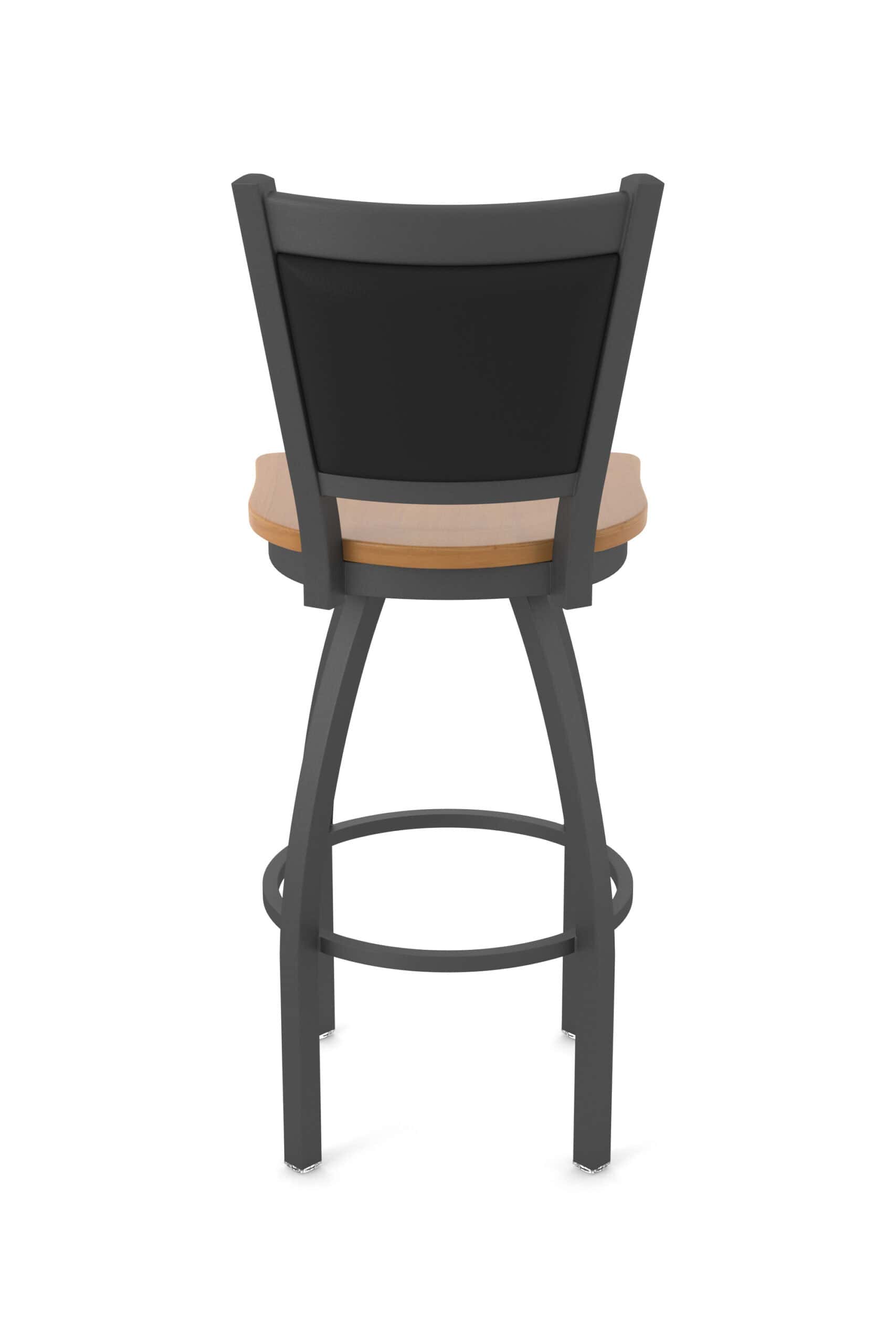 36-inch steel swivel bar stool with pewter finish, medium maple solid maple wood seat, padded back, and single-ring base