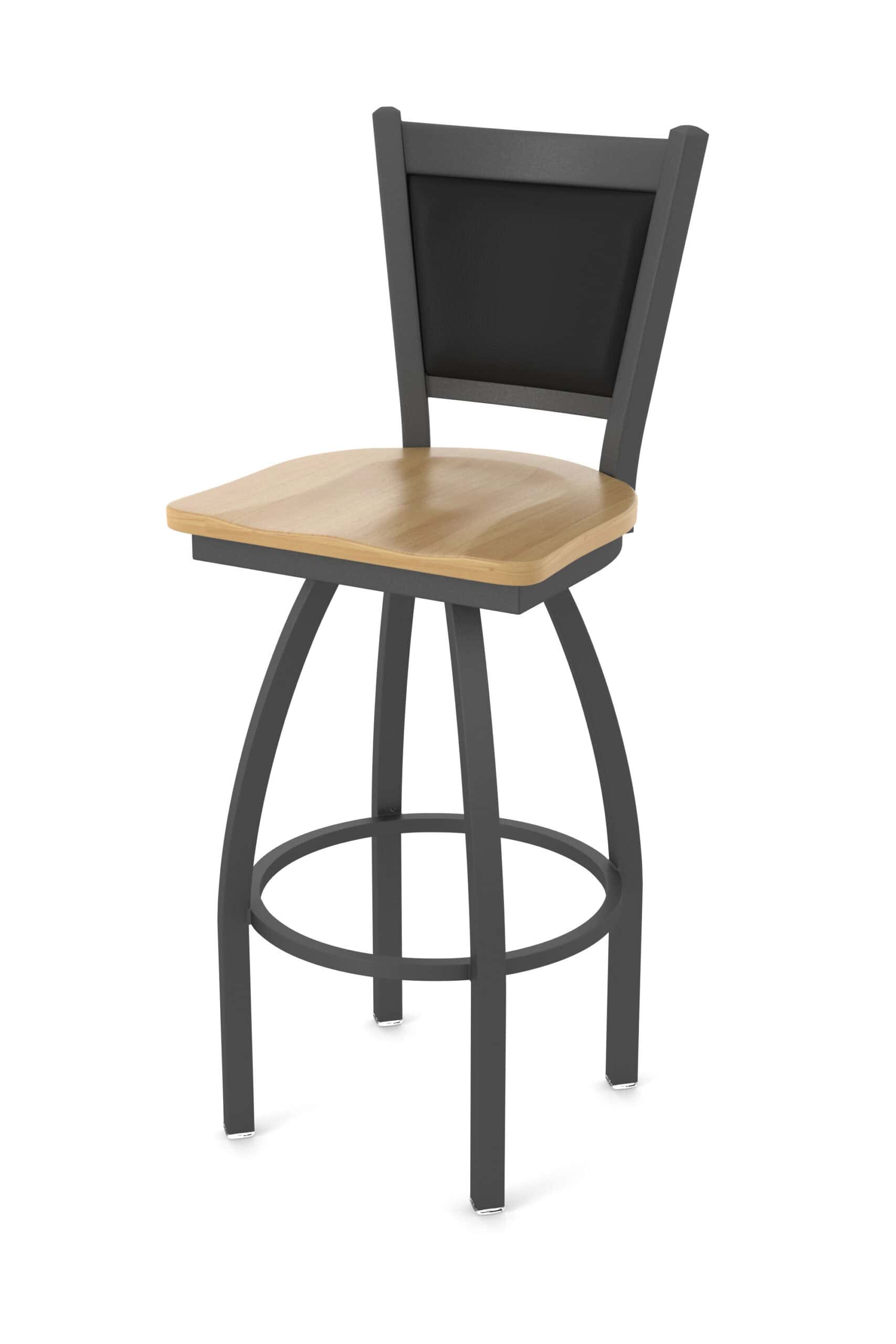 36-inch steel swivel bar stool with pewter finish, natural maple solid maple wood seat, padded back, and single-ring base