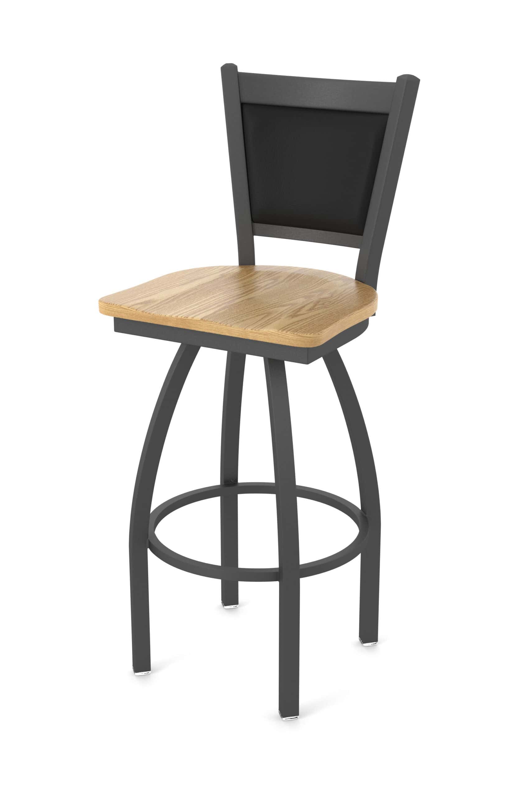 36-inch steel swivel bar stool with pewter finish, natural oak solid oak wood seat, padded back, and single-ring base