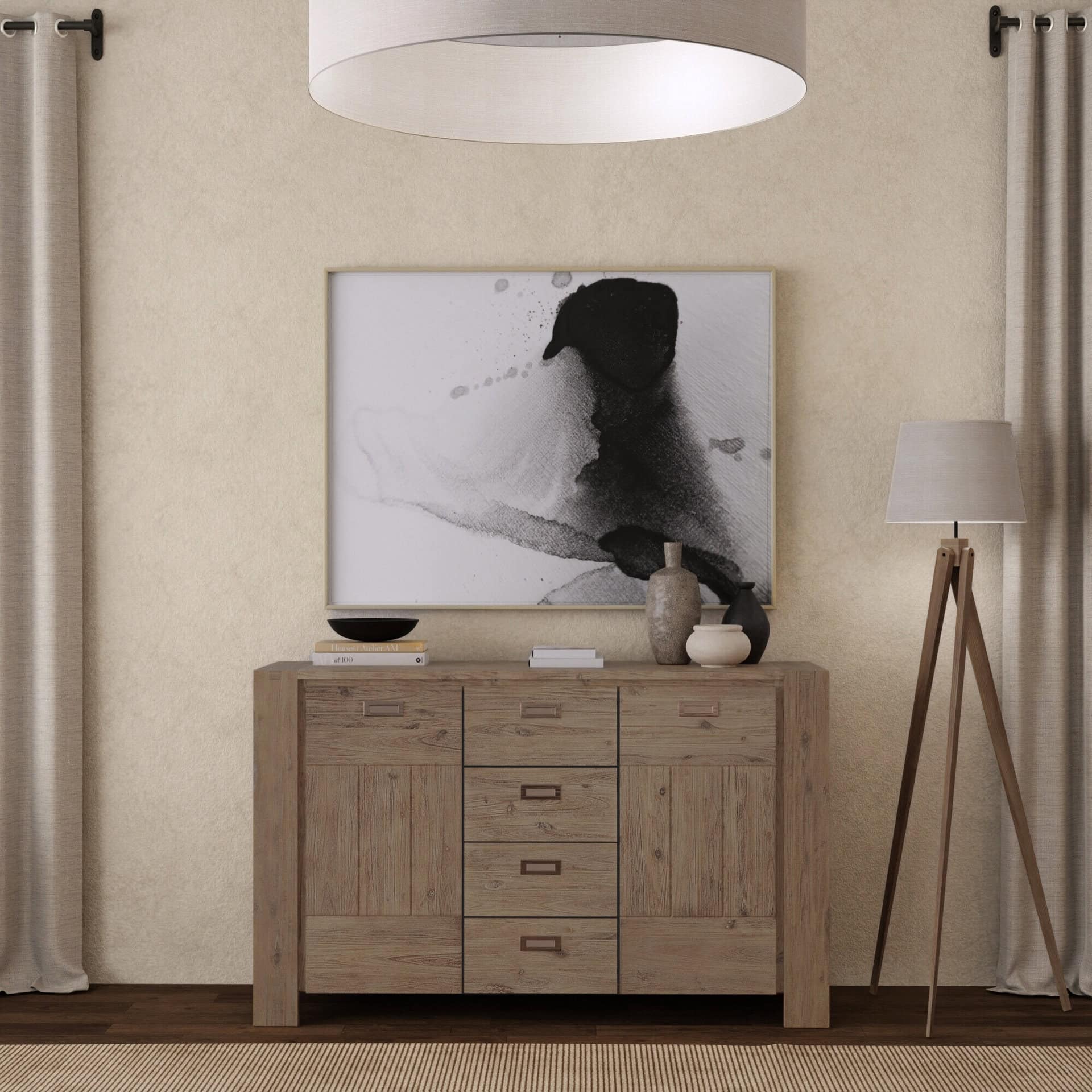 Sandblasted Antique Natural Acacia Sideboard with Brass Hardware