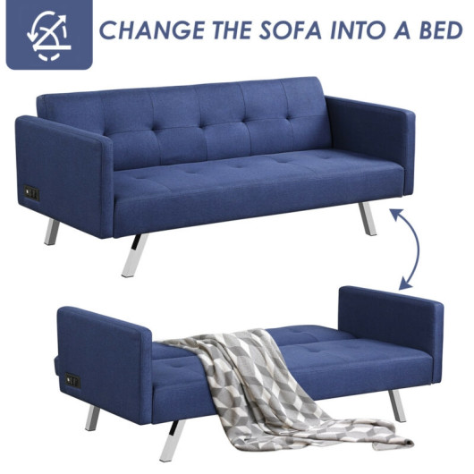 Convertible Linen Fabric Sofa Bed with USB and Power Strip