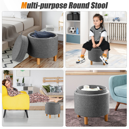 Round Fabric Storage Ottoman with Tray and Non-Slip Pads