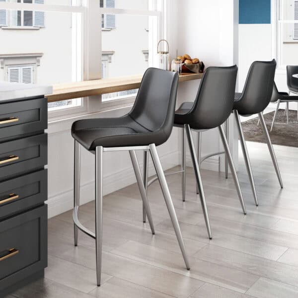 Black Faux Leather Counter Stool with Stainless Steel Legs (Set of 2)