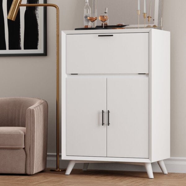 White Mid Century Modern Mahogany Bar Cabinet with Drop-Down Tray