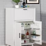 White Mid Century Modern Mahogany Bar Cabinet with Drop-Down Tray