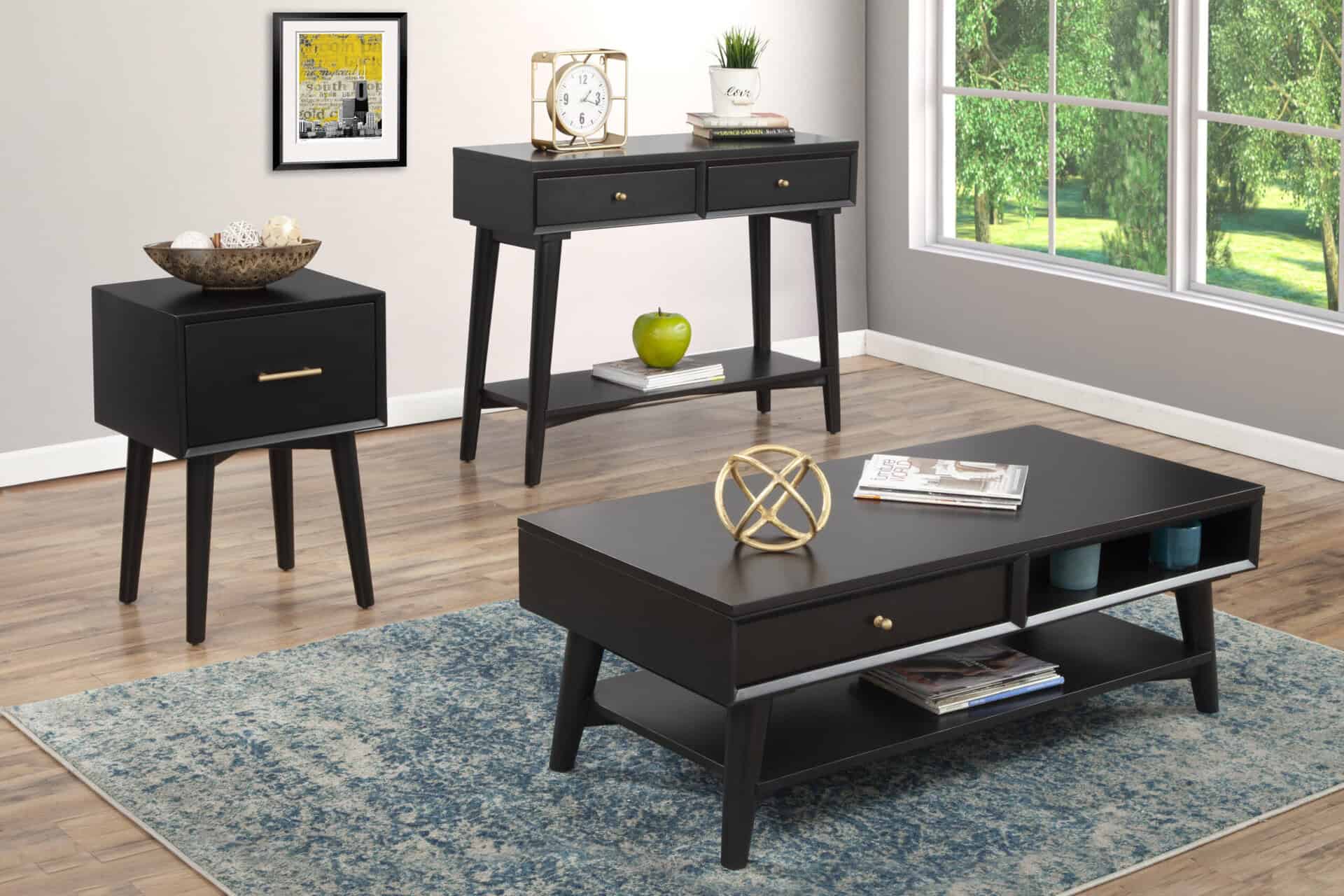 Mahogany Veneer Mid Century Modern Black Console Table with Drawers