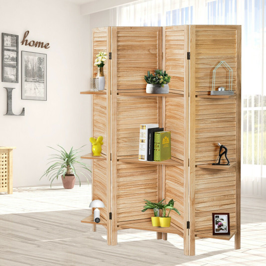 4 Panel Folding Room Divider with 3 Display Shelves